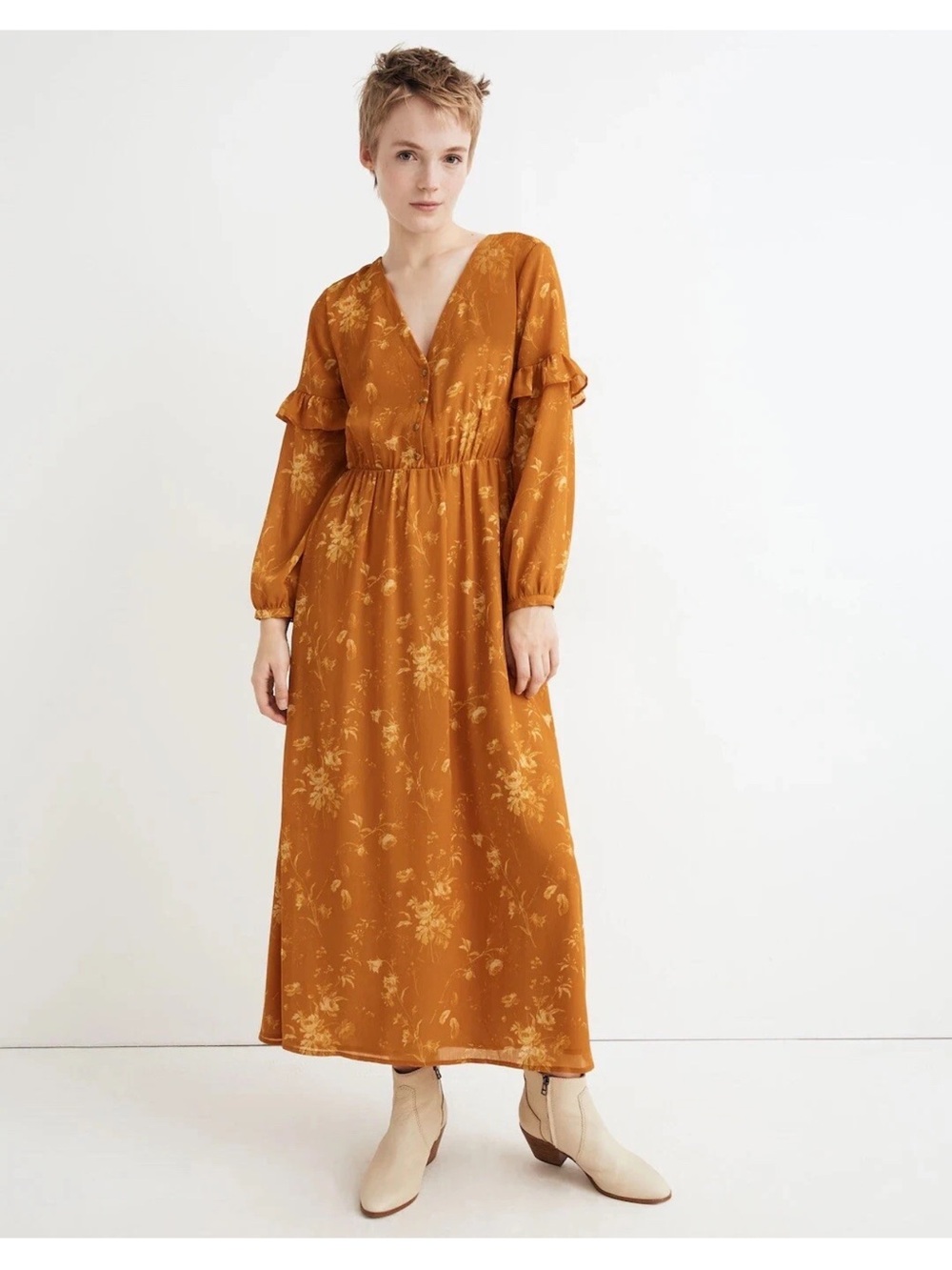 Madewell Ruffle Sleeve Button Front Midi Dress Tonal Botanical Yellow Size 6